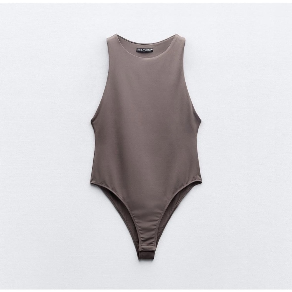 ZARA Sleeveless Racerback Bodysuit Gray Snap Closure Women‎ Size S